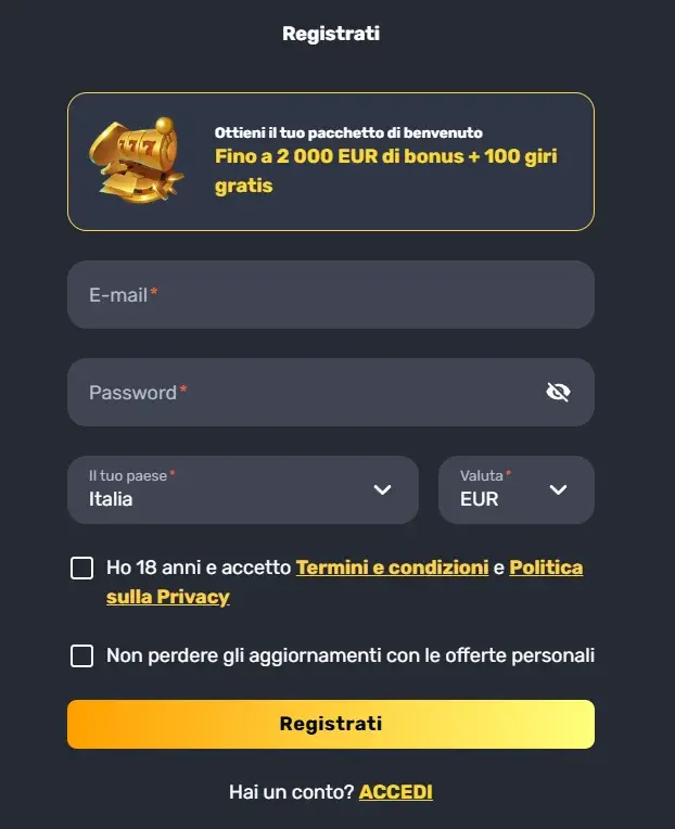 Registrazione al RocketPlay Casinò