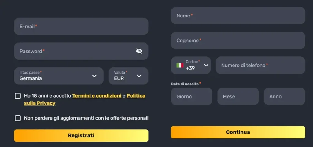 Passaggi per la registrazione a RocketPlay